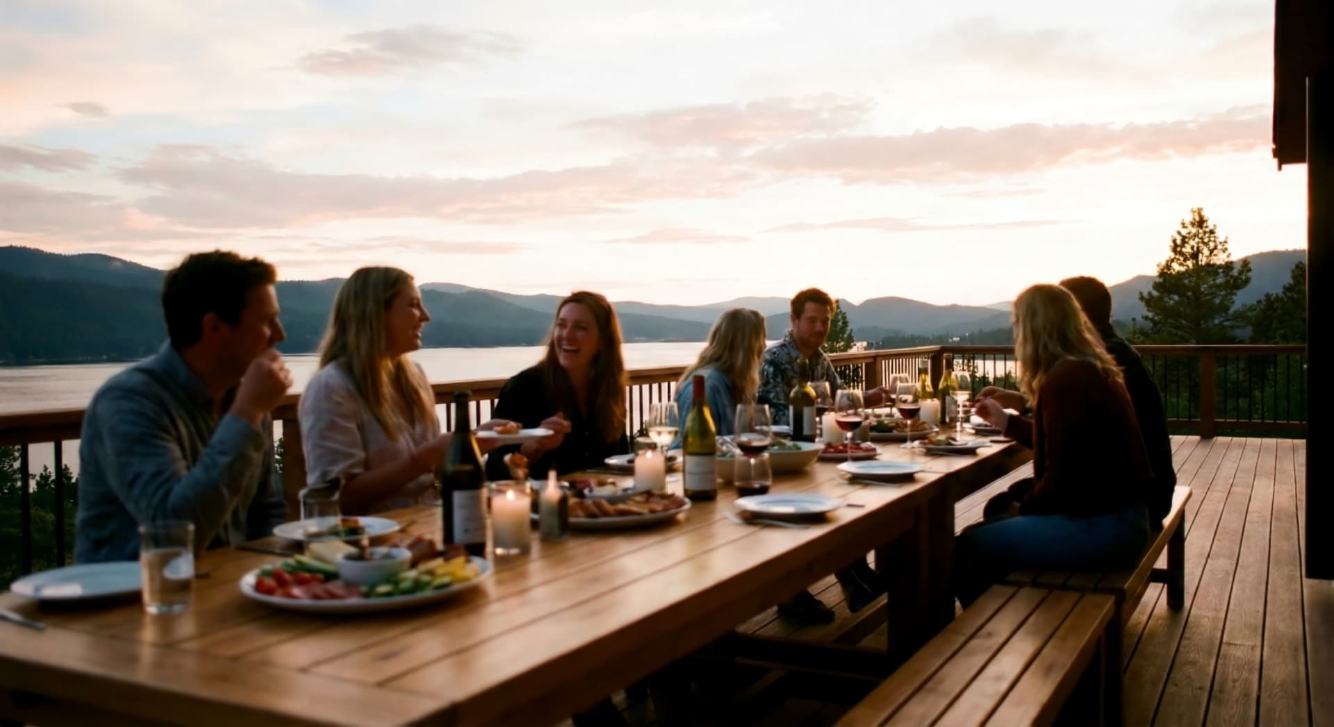 Friends sharing dinner on a lakeside deck at dusk