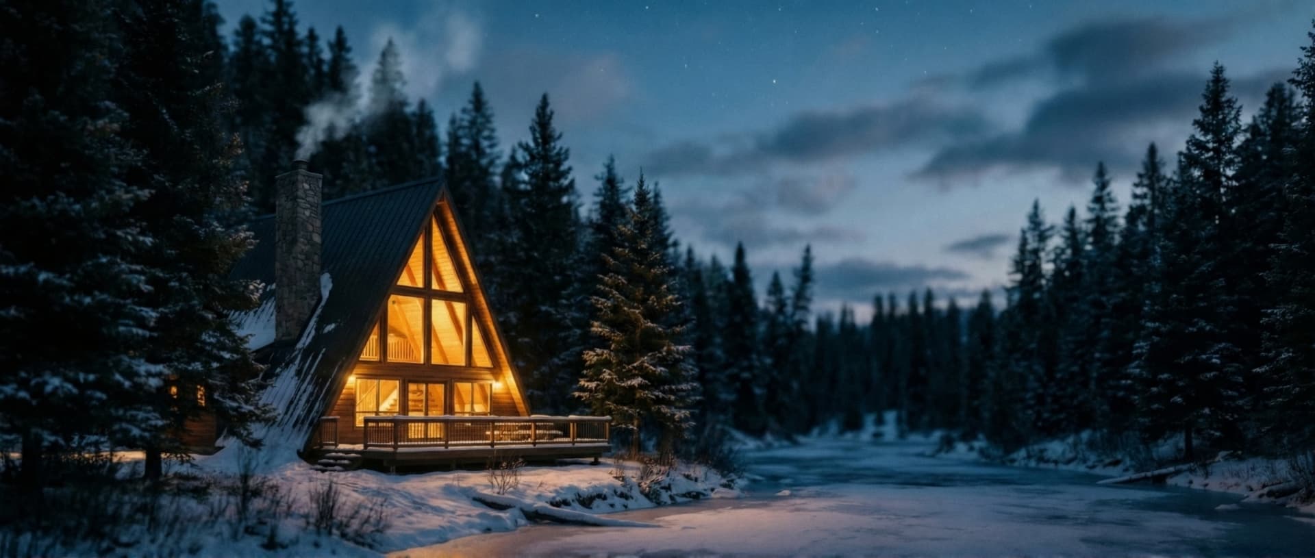 An A-frame cabin glowing at night beside a frozen creek in snowy woods